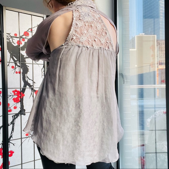 Anthropologie RYU: Flare LACE & GRAY Guipure Chiffon Cut Out Blouse Top - Picture 13 of 17